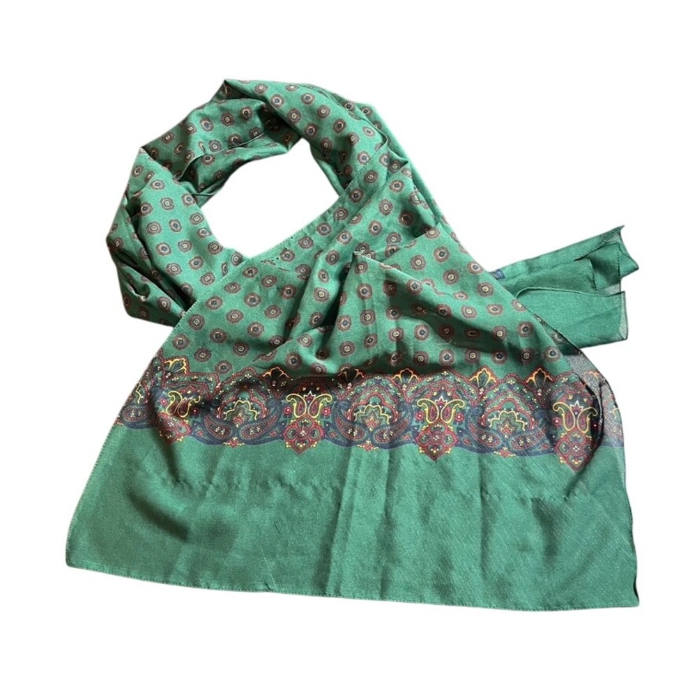 Green‎ Silk Scarf Paisley Print Geometric Border Women's Accessory